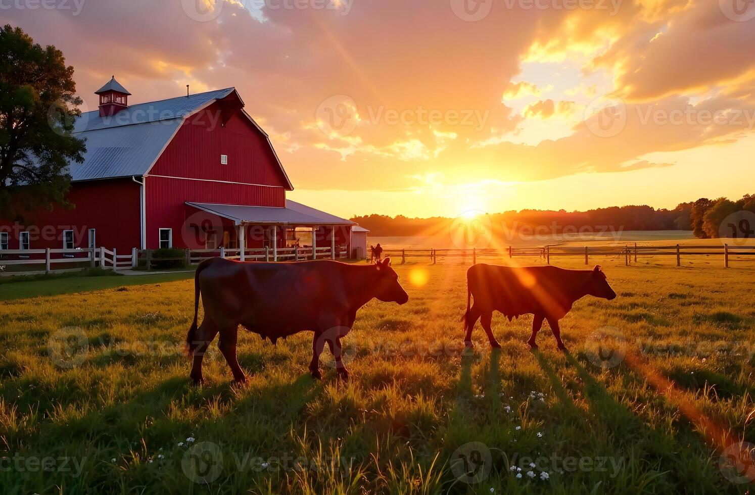Cows grazing near red barn at sunset photo