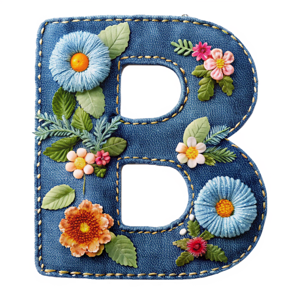 The letter B is made of denim with flowers and leaves is isolated on the transparent background png