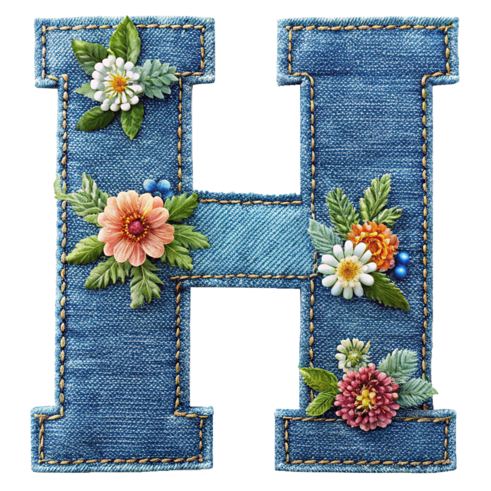 The letter H is made of denim with flowers and leaves is isolated on the transparent background png