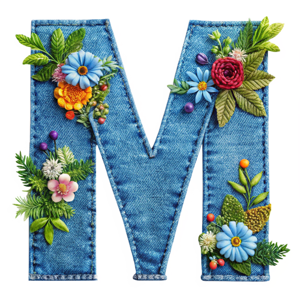 The letter M is made of denim with flowers and leaves is isolated on the transparent background png