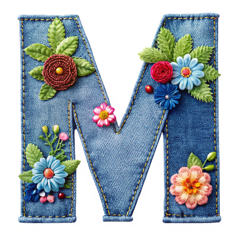 3D letter M is made of denim with flowers and leaves is isolated on the transparent background png