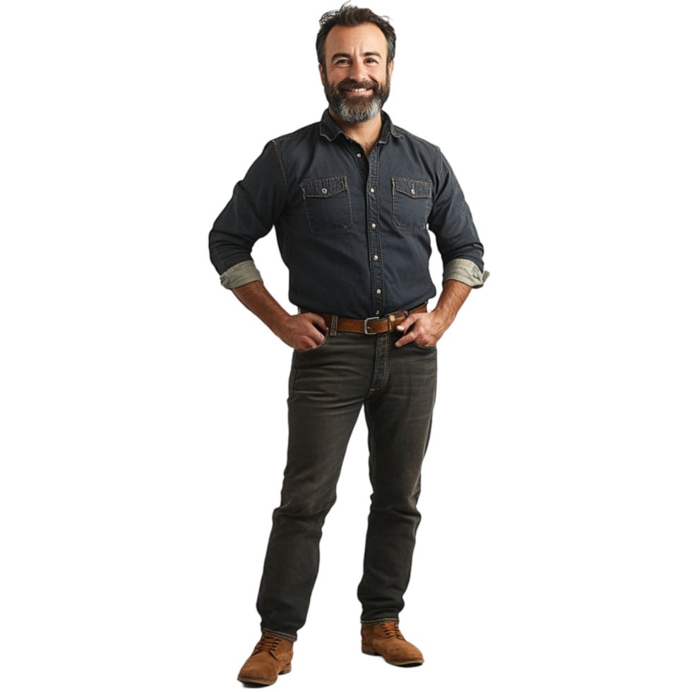 A man with a beard and a beard standing in front of a Transparent background png