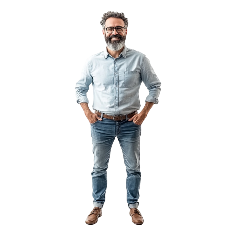 A man with a beard and glasses standing in front of a Transparent background png