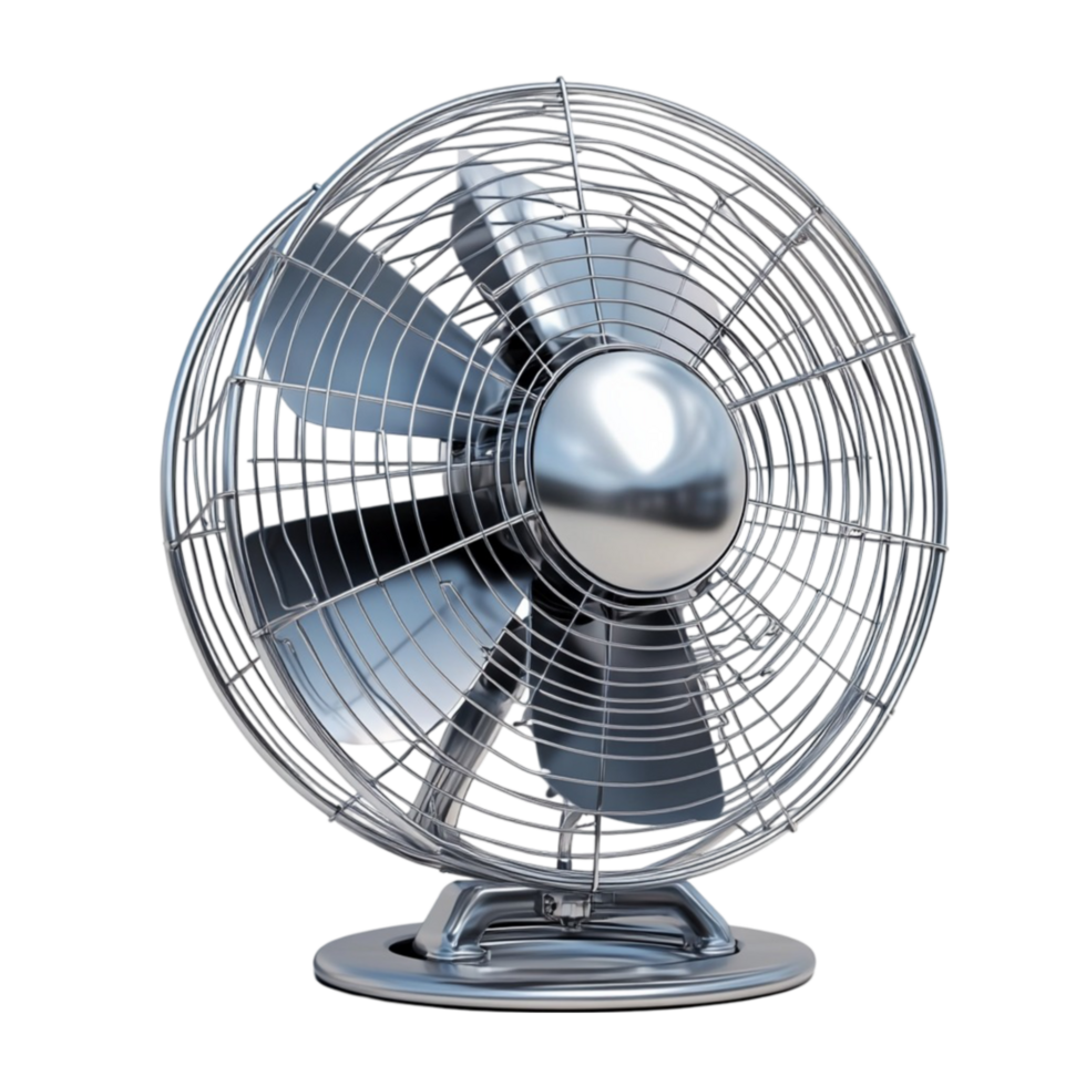 A metal fan on a stand against a Transparent background png