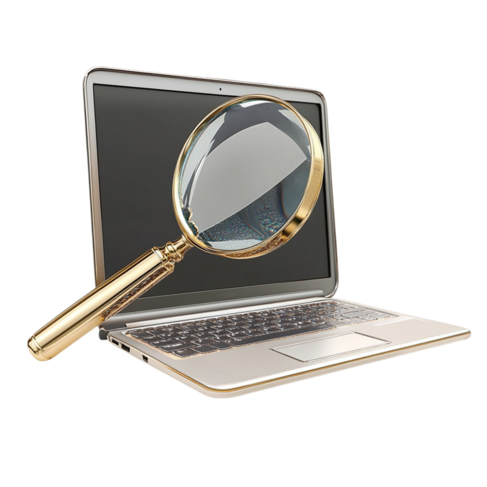 Laptop with magnifying glass on Transparent background png