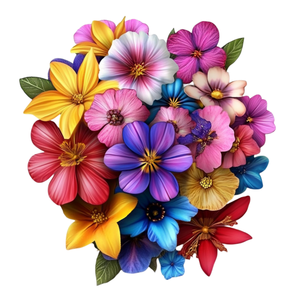 A bouquet of colorful flowers is shown on a Transparent background png