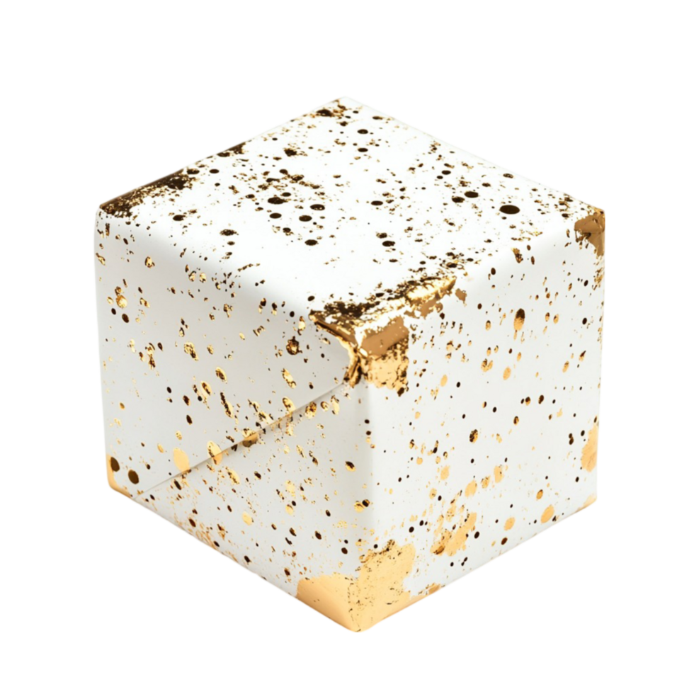 A white and gold cube with a speckled surface png