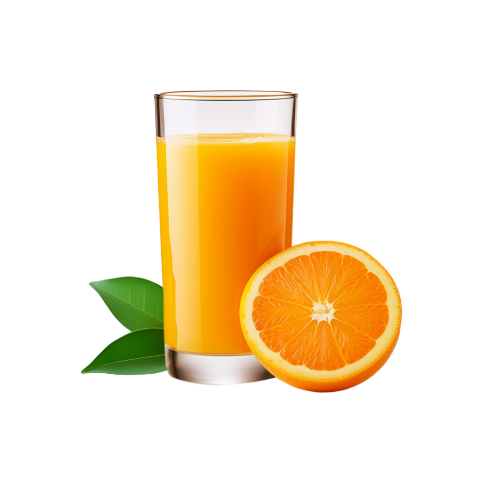 Glass of orange juice with slice and leaf on transparent background png