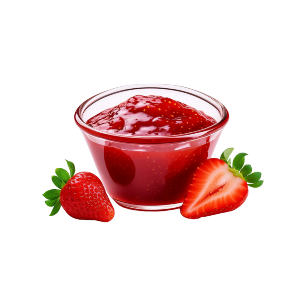 Glass bowl of strawberry fruit jam on transparent background png