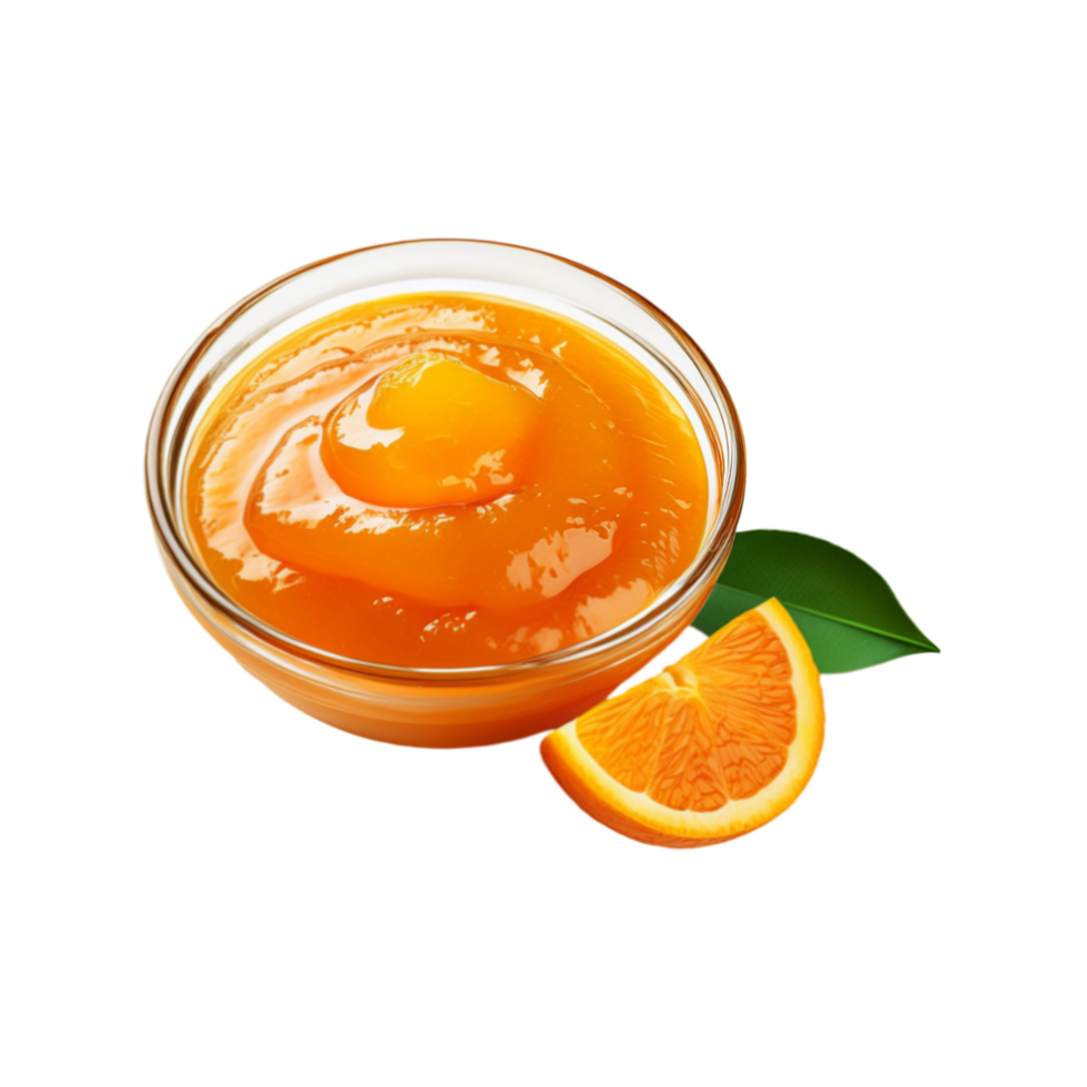 Glass bowl of fresh orange fruit jam with slice on transparent background png