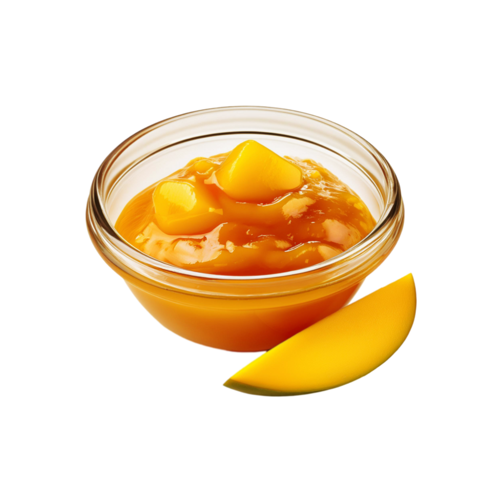 Glass bowl of mango fruit jam with slice on transparent background png