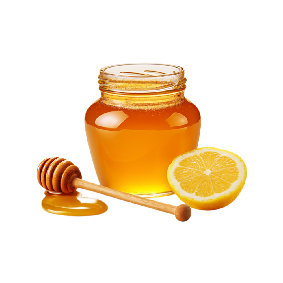 Honey jar with lemon slice on transparent background png