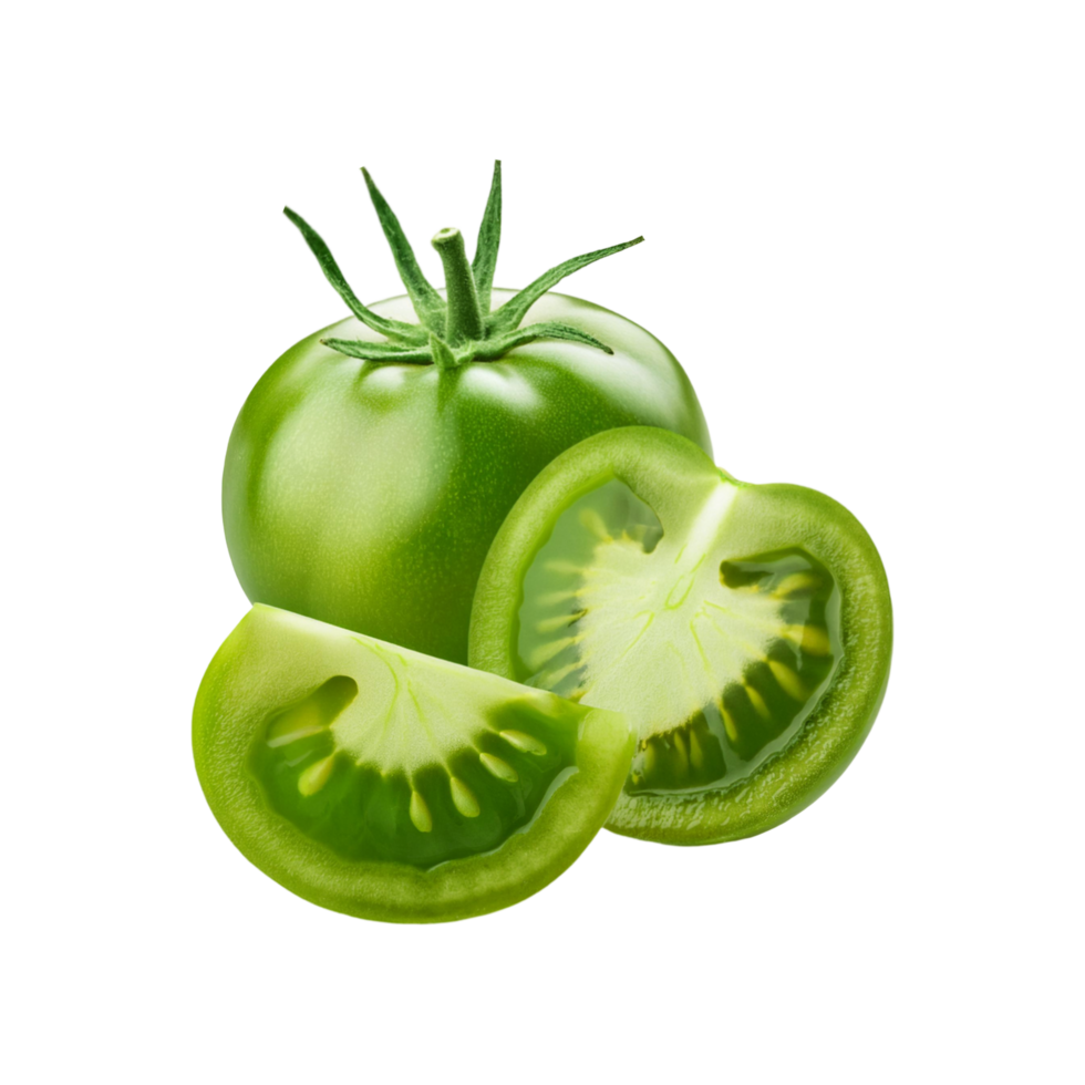 Green tomato with slices on transparent background png