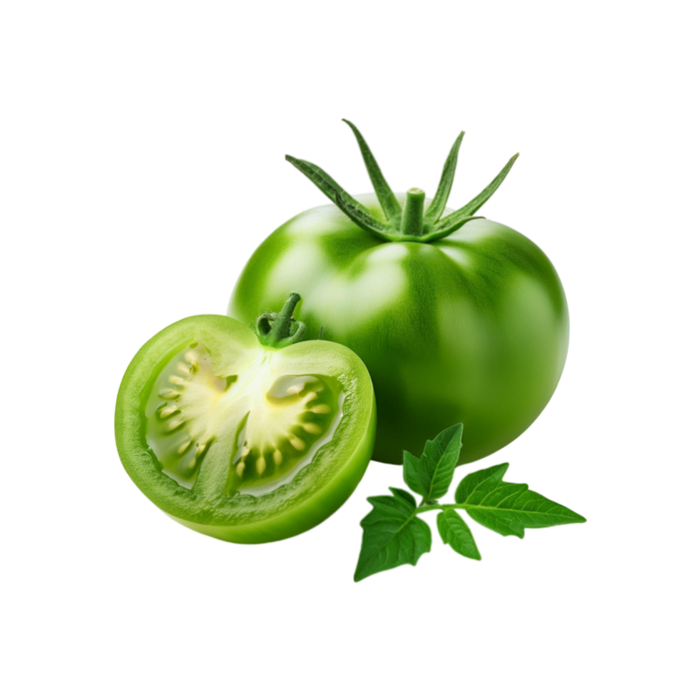 Green tomato with slice and leaf on transparent background png