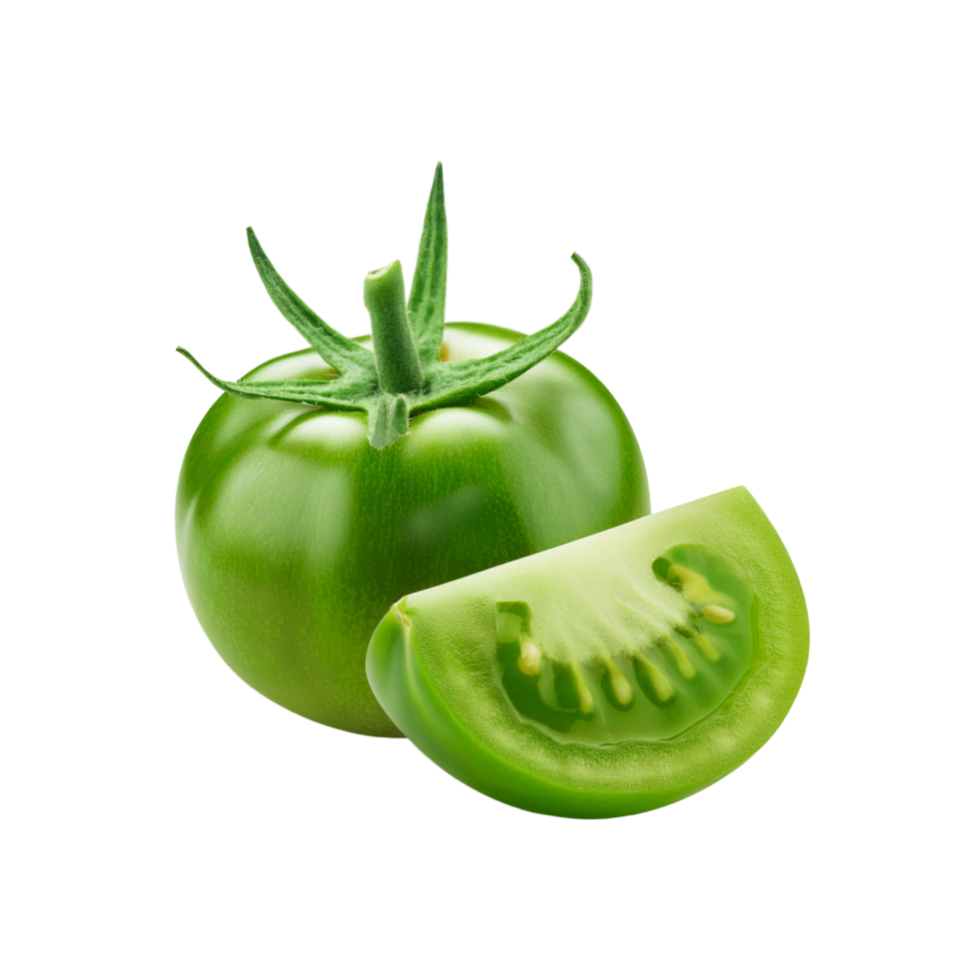 Green tomato vegetable with slice on transparent background png