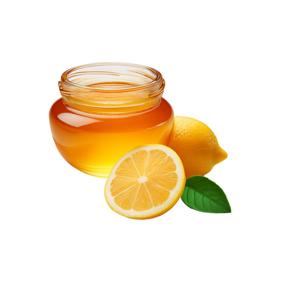 Honey glass jar with lemon slice on transparent background png