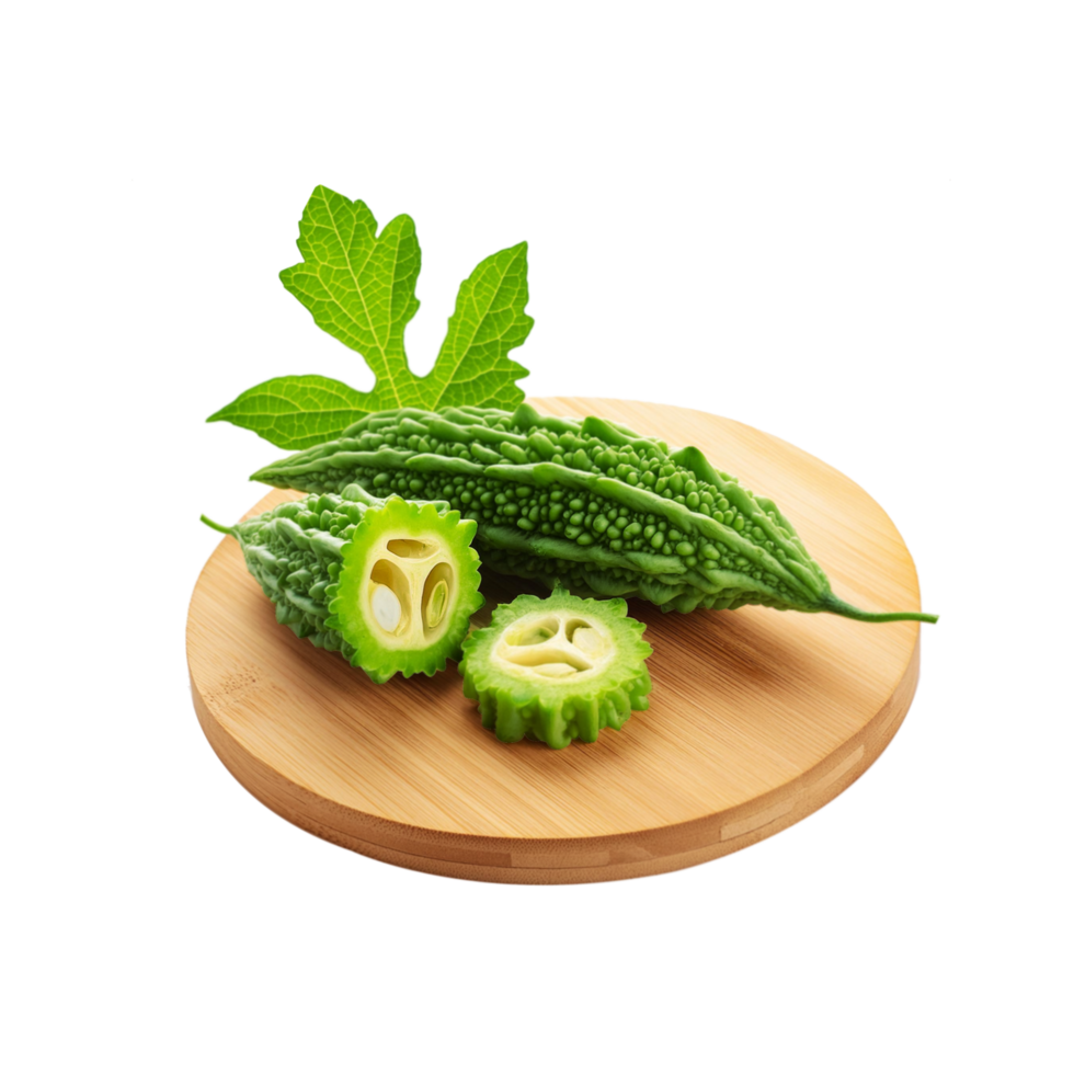Bitter gourd vegetable with slice with chopping board on transparent background png