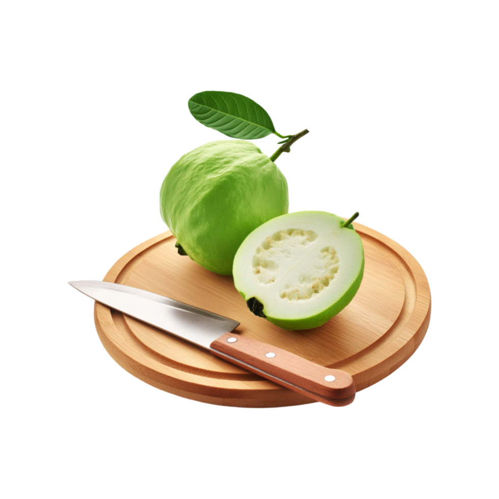 Guava fruit and slice with chopping board on transparent background png