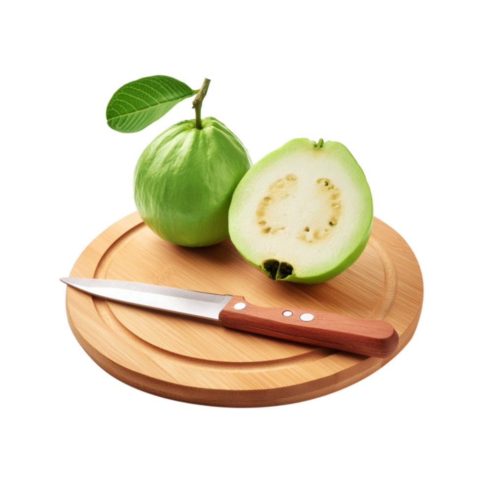 Fresh Guava fruit and slice with chopping board on transparent background png