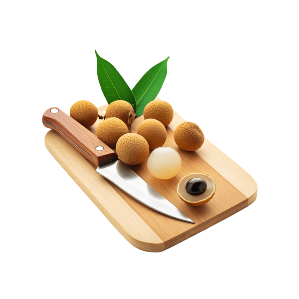 Longan fruit with chopping board and knife on transparent background png
