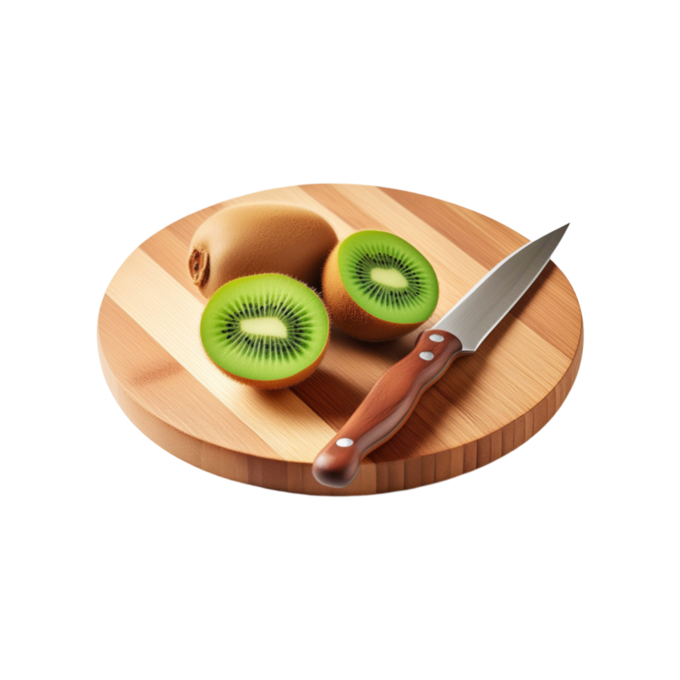 Fresh Kiwi fruit with chopping board and knife on transparent background png