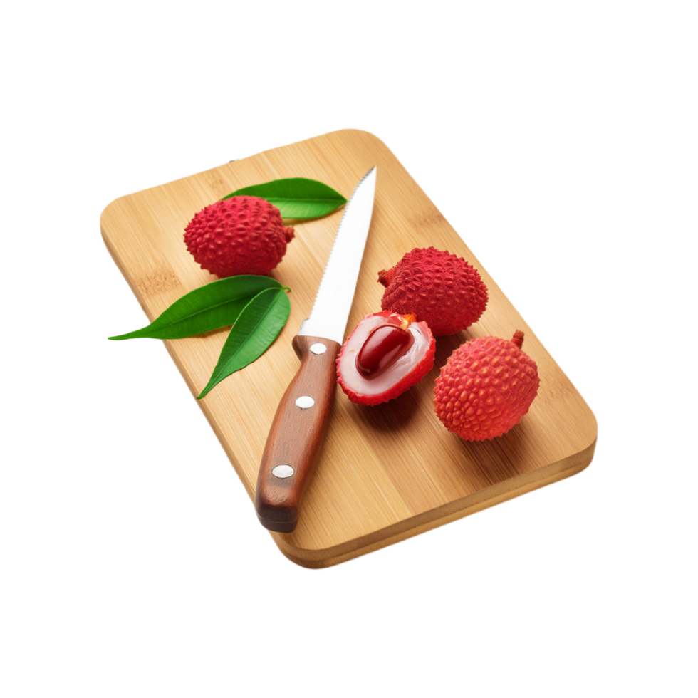 Lychee fruit with wooden chopping board on transparent background png