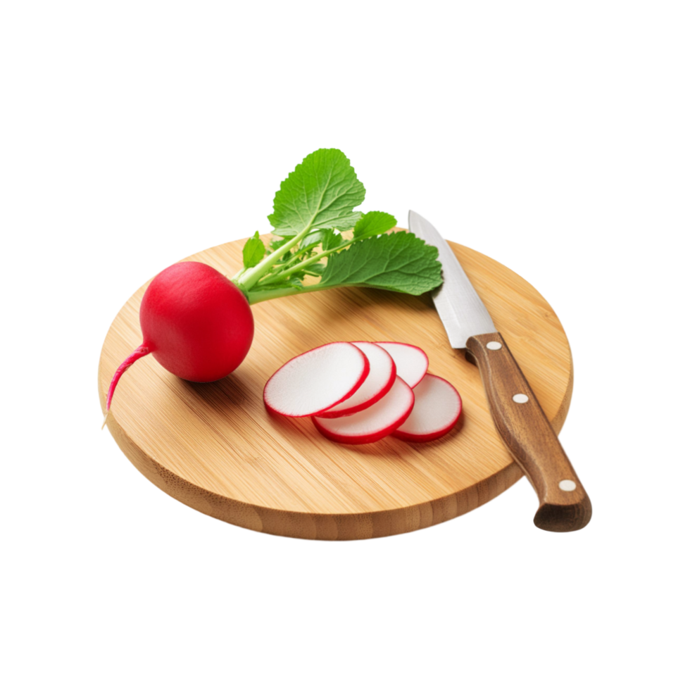 Red radish vegetable with chopping board and knife on transparent background png