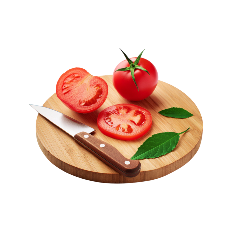 Ripe tomato and slices with chopping board on transparent background png