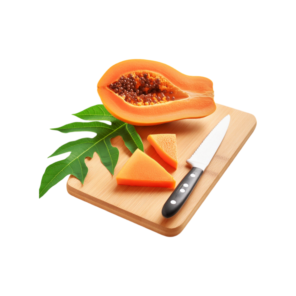 Ripe papaya slices with wooden chopping board on transparent background png