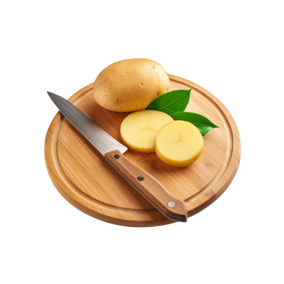 Whole Potato and slice with wooden chopping board on transparent background png