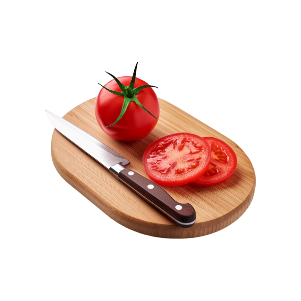 maduro tomate y rebanadas con de madera el cortar tablero en transparente antecedentes png