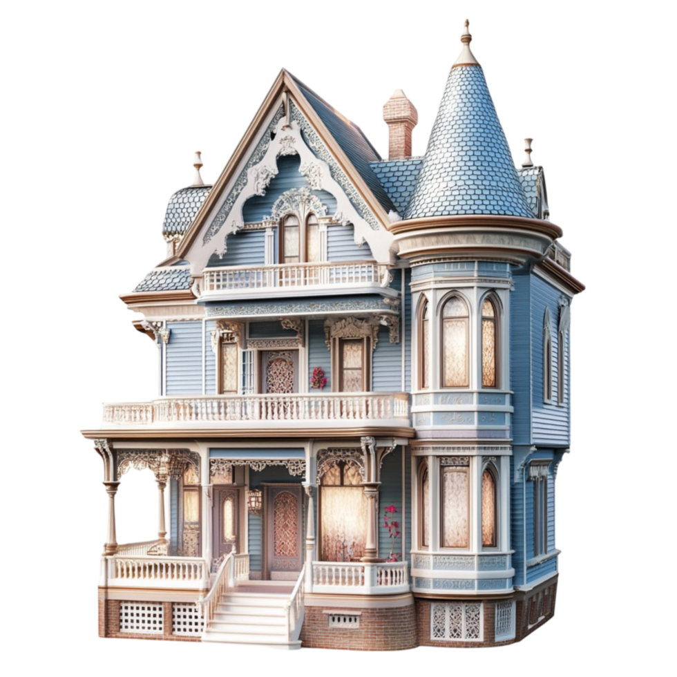 Victorian-Style Mansion with Blue Accents on Transparent Background png
