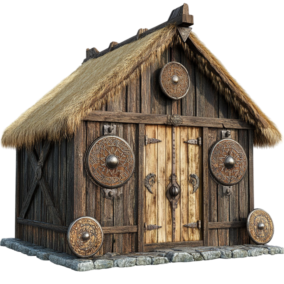 Storybook Wooden Cabin with Stone Chimney on Transparent Background png