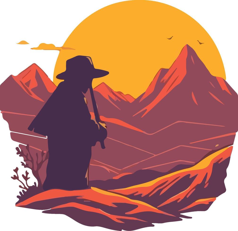 Mysterious Traveler in a Mountain Sunset Landscape vector