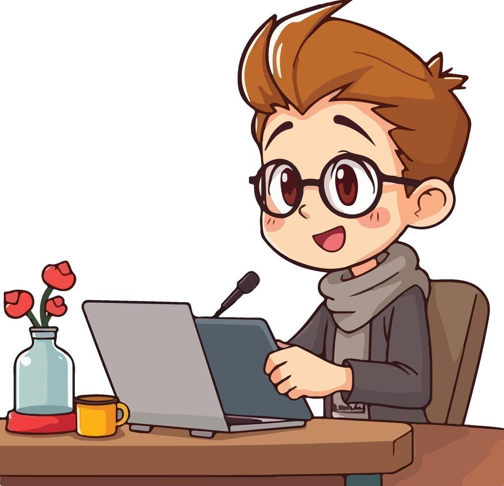 Happy Young Man Streaming or Podcasting with a Microphone vector