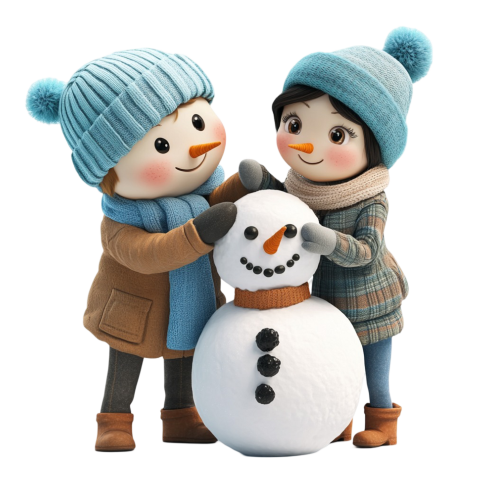 Adorable Kids Building Snowman in Winter on Transparent Background png