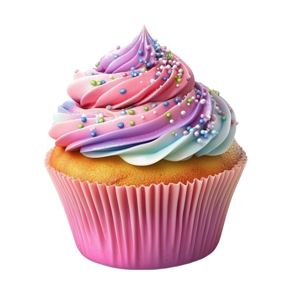 Fancy Cupcake with Pink and Blue Swirled Frosting on Transparent Background png