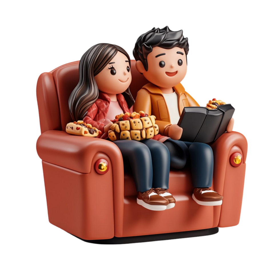 Amusing Couple Sitting on Armchair Watching Movie on Transparent Background png