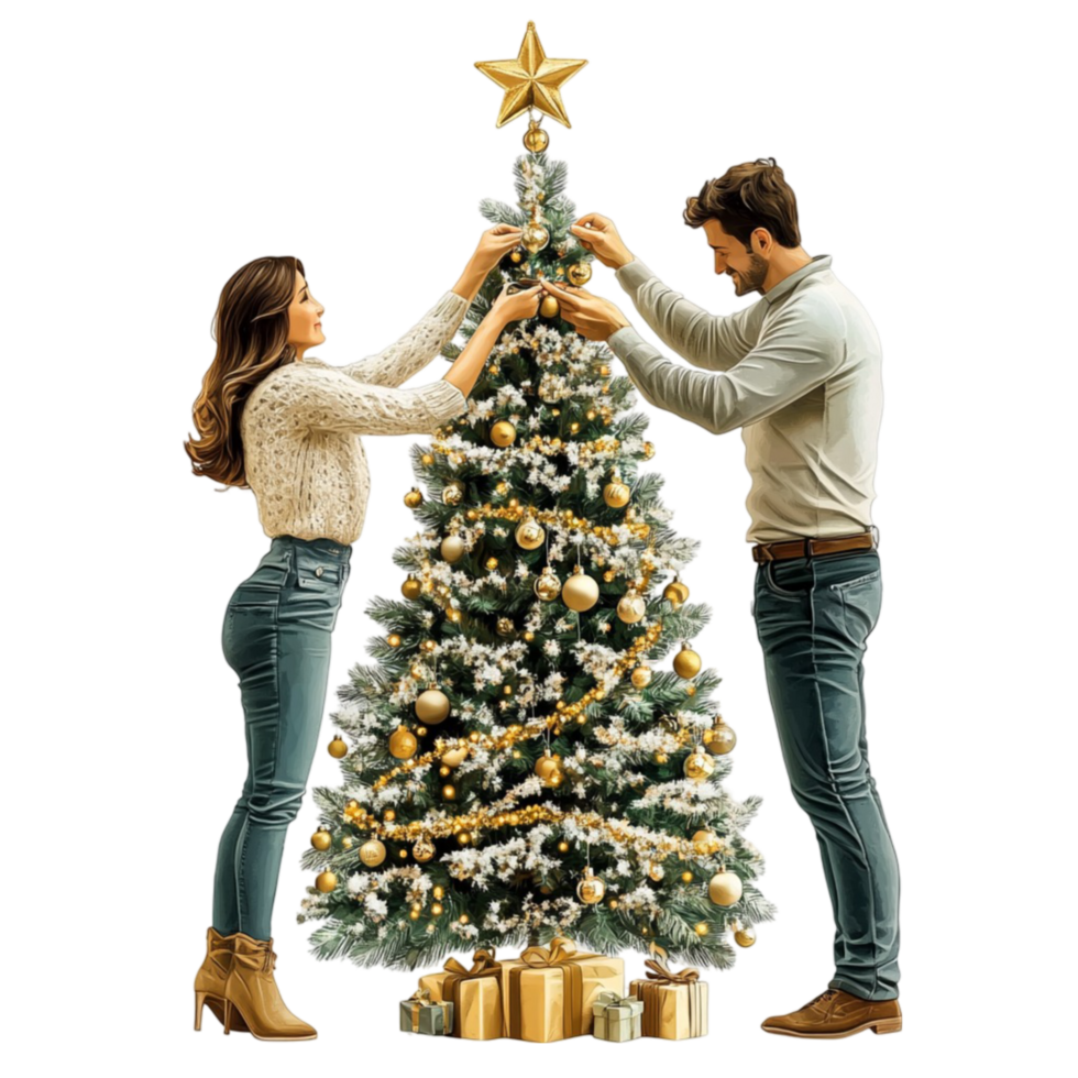Adorned Christmas Tree with Couple Decorating on Transparent Background png