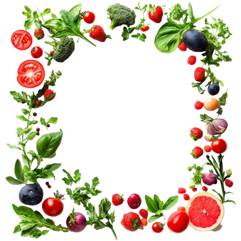 Kaleidoscopic Fruit and Vegetable Wreath on Transparent Background png