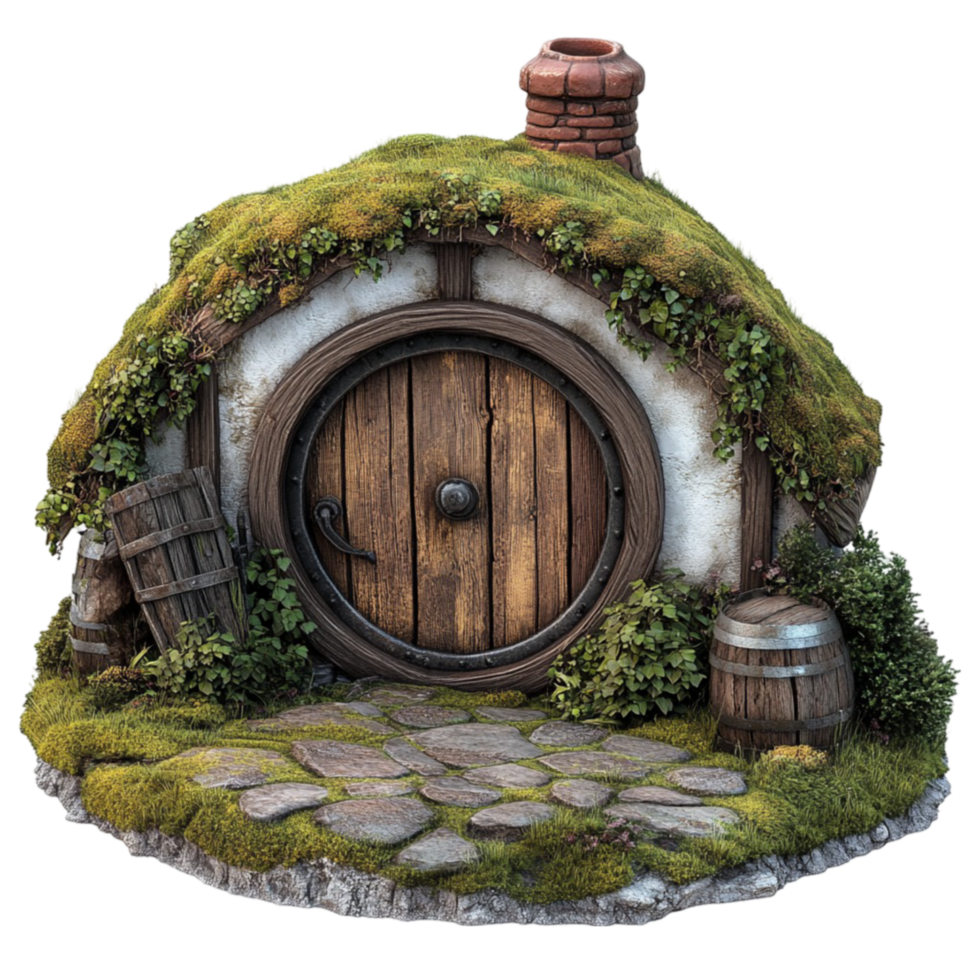 Rustic Hobbit House with Moss Roof on Transparent Background png
