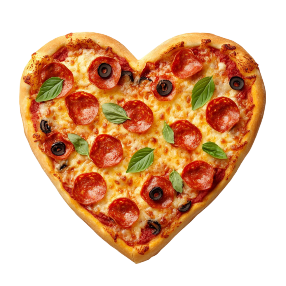 Heart-Shaped Pizza with Pepperoni and Basil on Transparent Background png