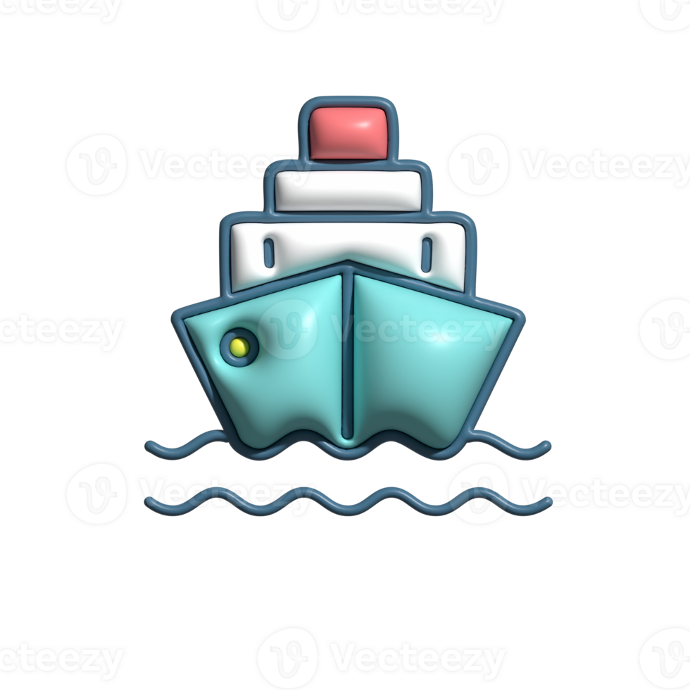 3D Glossy Ship Icon with Blue Hull and Red Chimney png