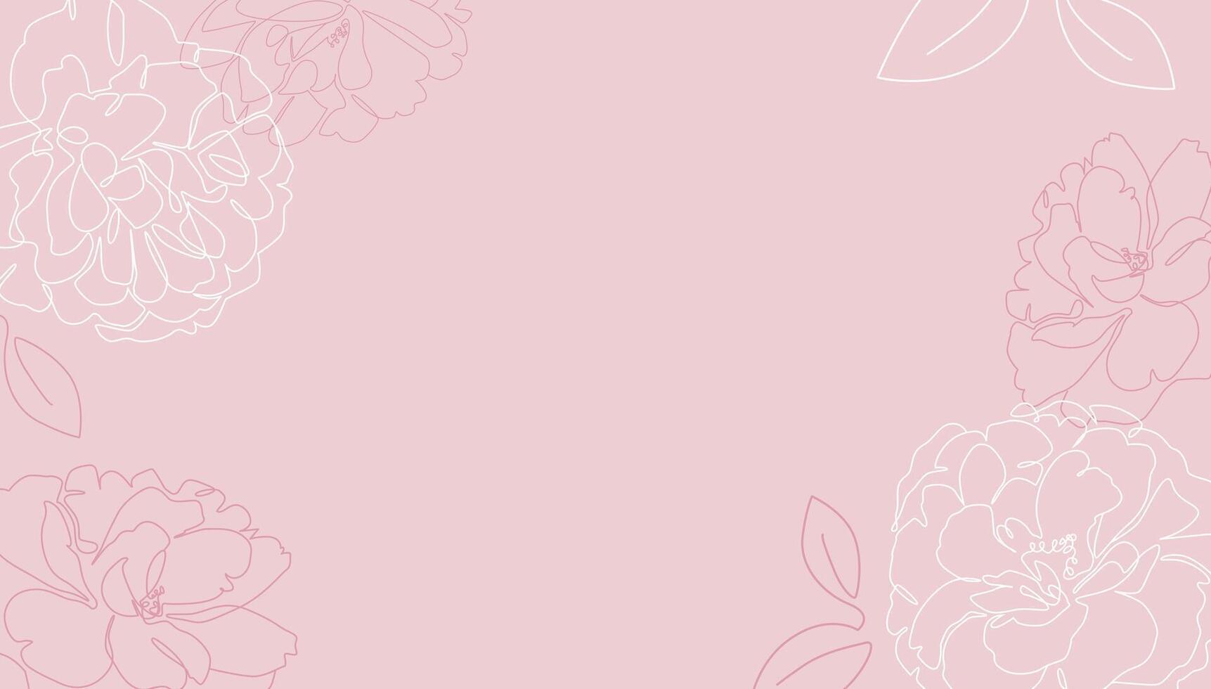 Minimalist style floral background with single line flowers and leaves on pink background. Contour roses botanical modern illustration for design vector