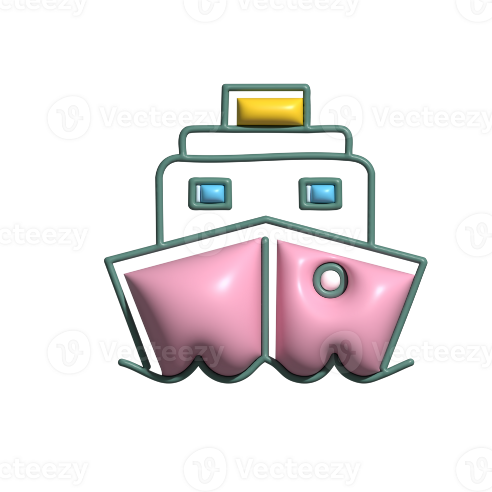 3D Glossy Ship Icon with Pink Hull and Yellow Chimney png