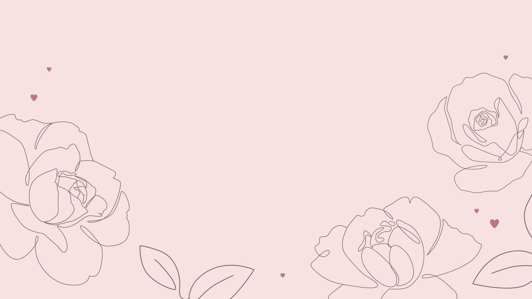 Rose flowers single line drawing with hearts on pink background. One line minimalist style illustration for romantic banner, card or invitation design vector