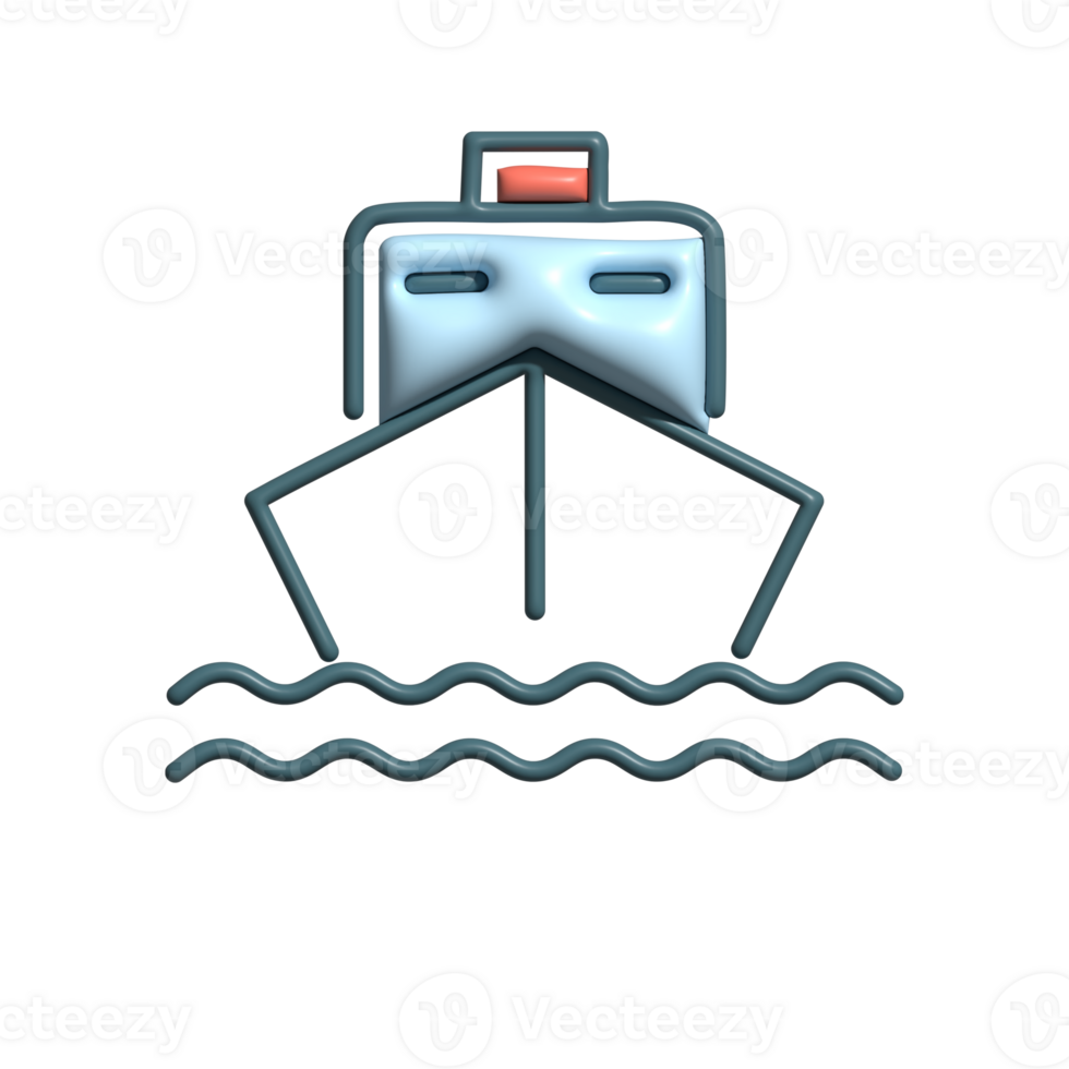 3D Glossy Ship Icon with Blue Hull and Red Chimney on Wavy Water png