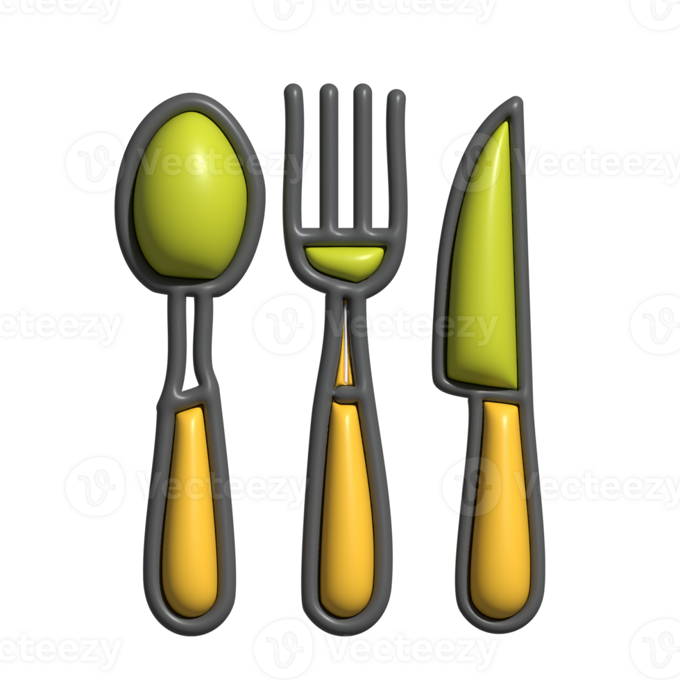 3D Glossy Cutlery Icon Set with Spoon, Fork, and Knife in Yellow-Green Design png