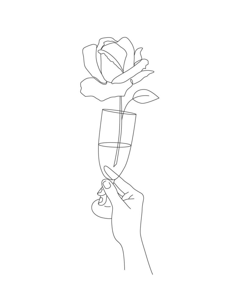 Rose flower in drinking glass linear illustration. Hand holding wine glass romantic contour drawing on white background vector