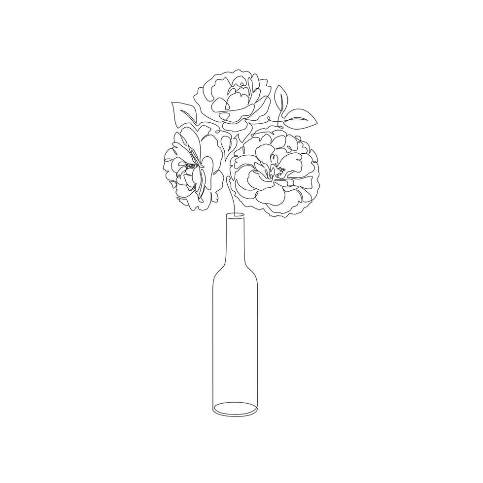 Minimalist style tattoo art. One line bottle with bouquet of flowers. Line art illustration for print, banner, card and more vector